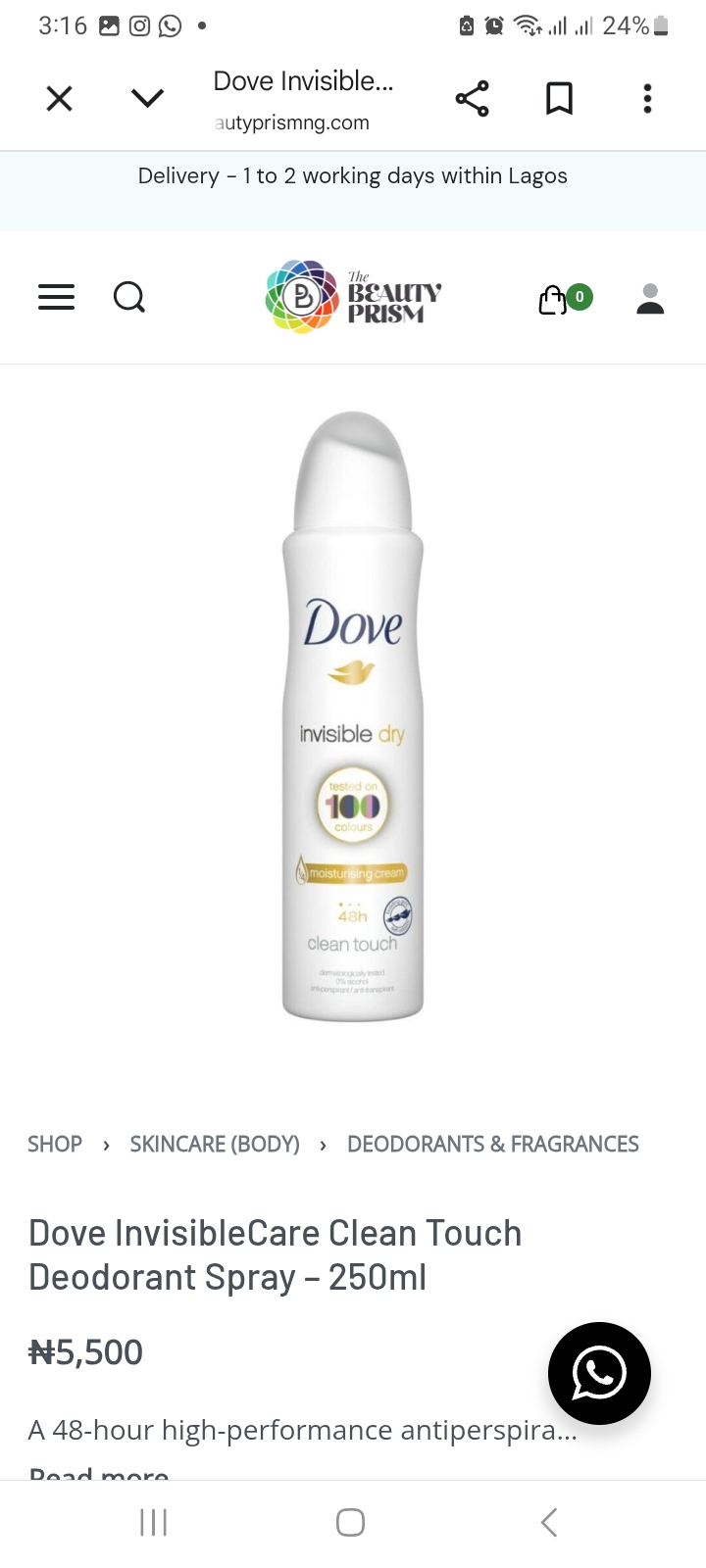 Dove InvisibleCare Clean Touch Deodorant Spray – 250ml